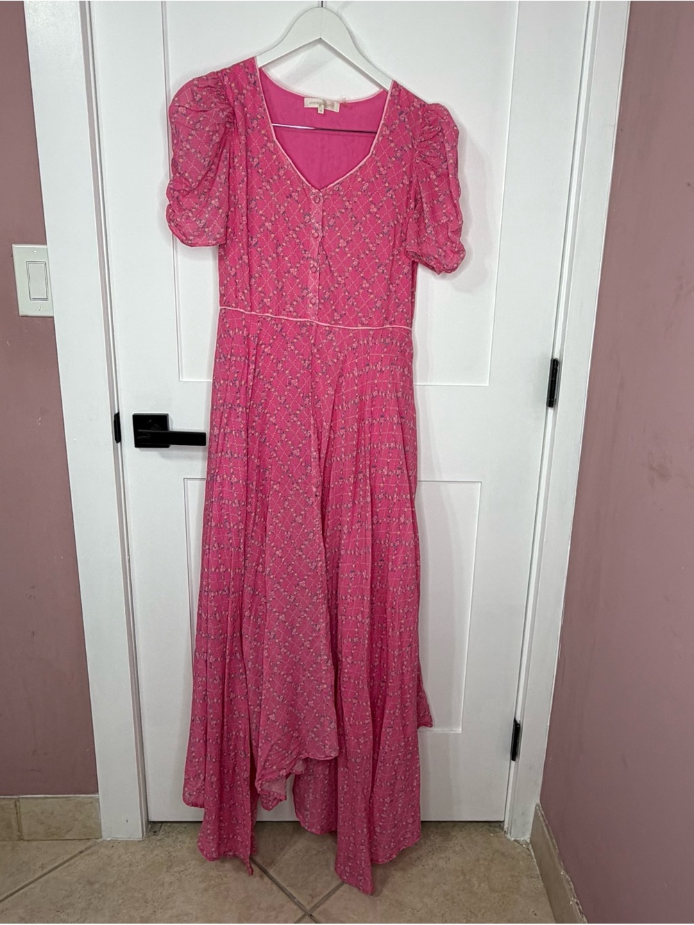 LoveShack Fancy Pink Floral Puff Sleeve Midi Dress Size 8 Cotton Button Front